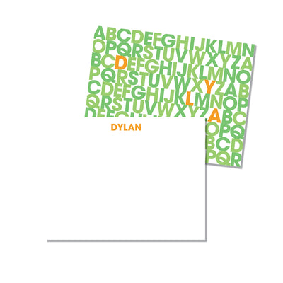 Set of alphabet notecards with custom name in green