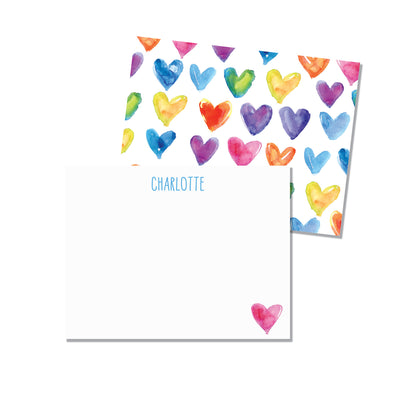Set of unique notecards with custom name with painted heart pattern
