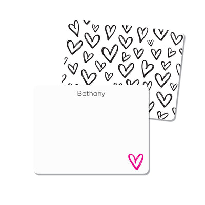 Set of unique notecards with custom name and hand-drawn hearts pattern