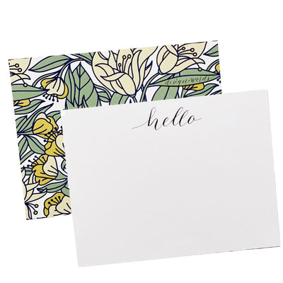 Set of unique notecards with custom calligraphy name and floral pattern