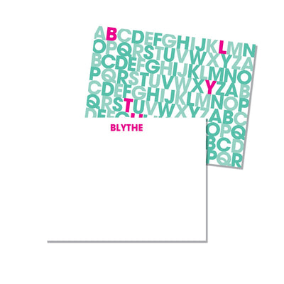 Set of alphabet notecards with custom name in pink and teal