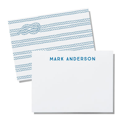 Set of unique notecards with custom name and blue knot sailing pattern