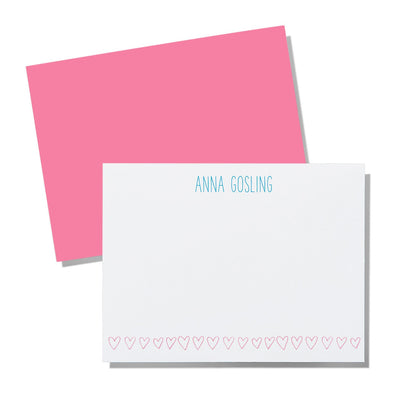 Pink notecard with custom name personalization and heart pattern