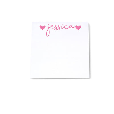 Square notepad with custom personalized pink script font with hearts